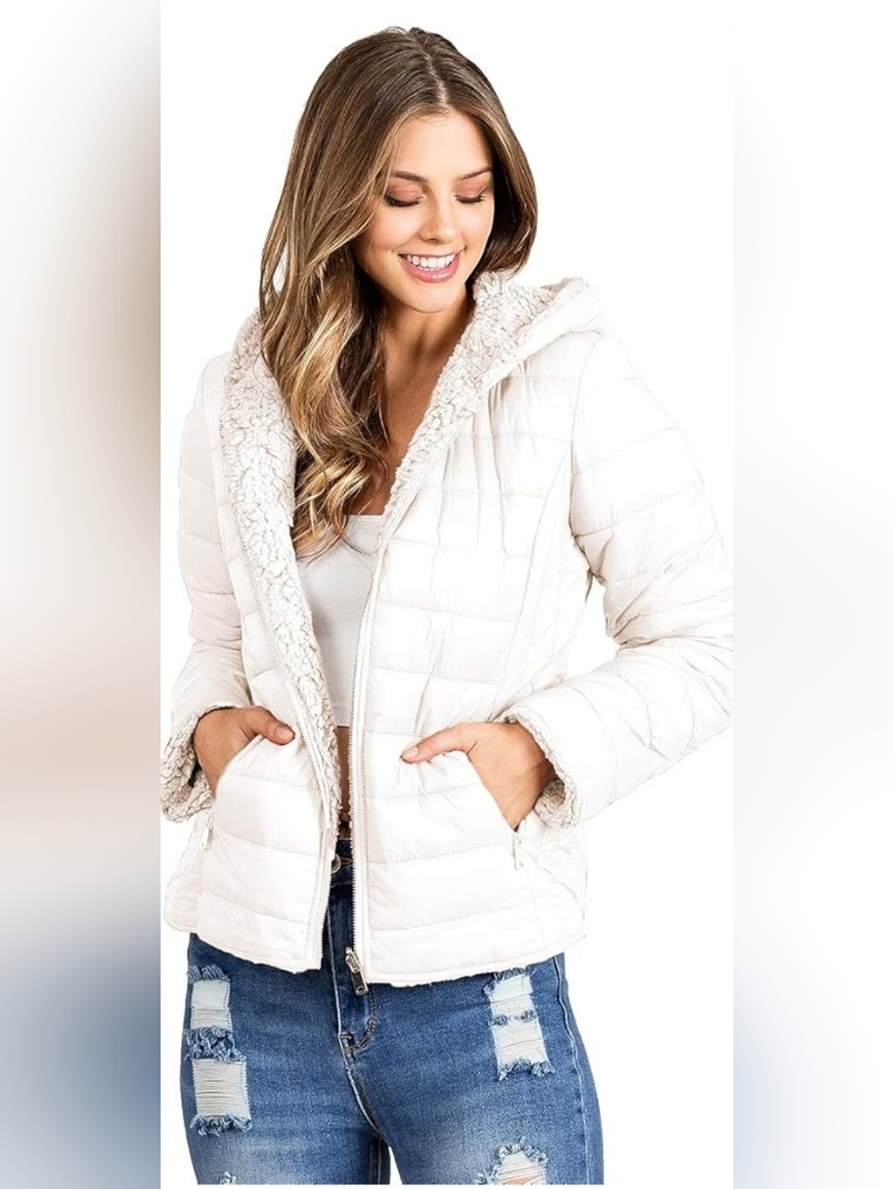 Love Tree Cream Quilted Puffer Reversible Jacket with Sherpa Hood